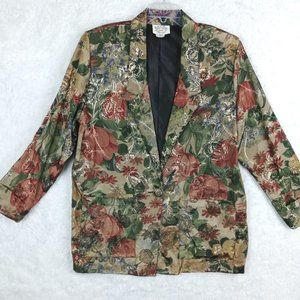 Vintage Fritz & Lloyd Womens Blazer Jacket Single Button Floral Gold Metallic 14